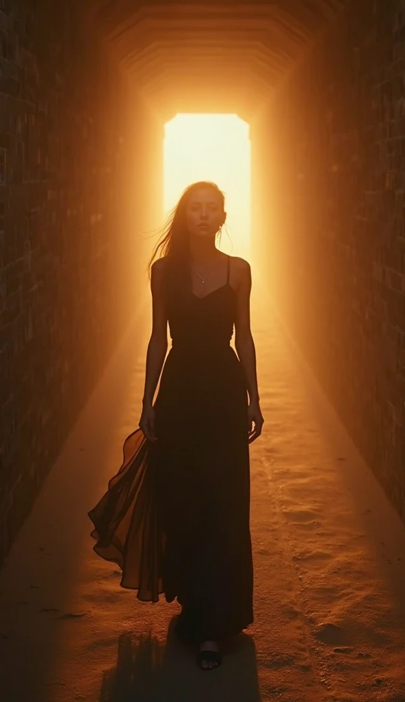 Ultra-realistic 8K cinematic video. A young woman in a black dress walks slowly into a dusty, quiet corridor or rooftop at twili...