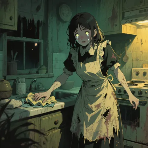 An Urban Legend Girl, a spectral Housework Queen in a tattered apron, cleaning a haunted kitchen at midnight, her eyes glowing w...