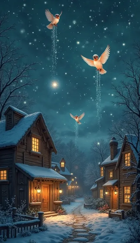 "A cozy nighttime village with glowing windows. Tiny birds with soft glowing feathers fly through the night sky carrying sparkli...