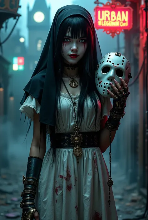 A dramatic, semi-realistic half-body portrait of Sadako Yamamura in a gothic, steampunk, and cyberpunk setting. She wears a tatt...