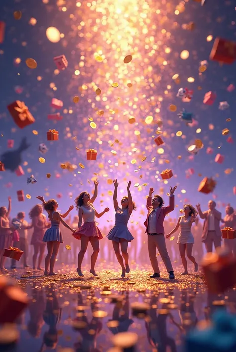 Raining money, coins, gifts box, people cheering and dancing playing with purple background