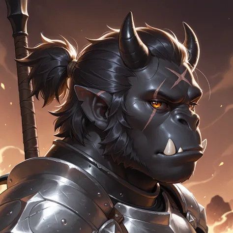 masterpiece, best quality, high resolution, gorilla, (muscular male), bara, (masculine), 1boy, solo, black fur, dark brown demon...