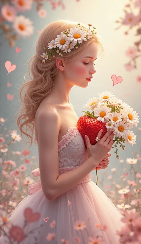 strawberry, heart, bouquet of daisies , figure