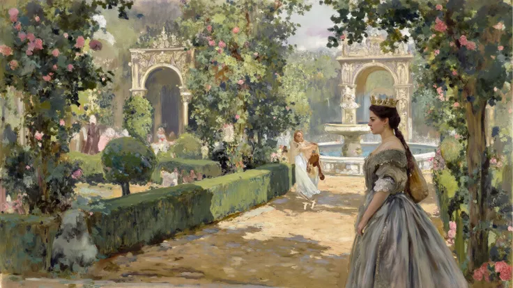 A royal garden at dawn, the queen watching from a distance as her daughter plays under supervision, unable to approach — peacefu...