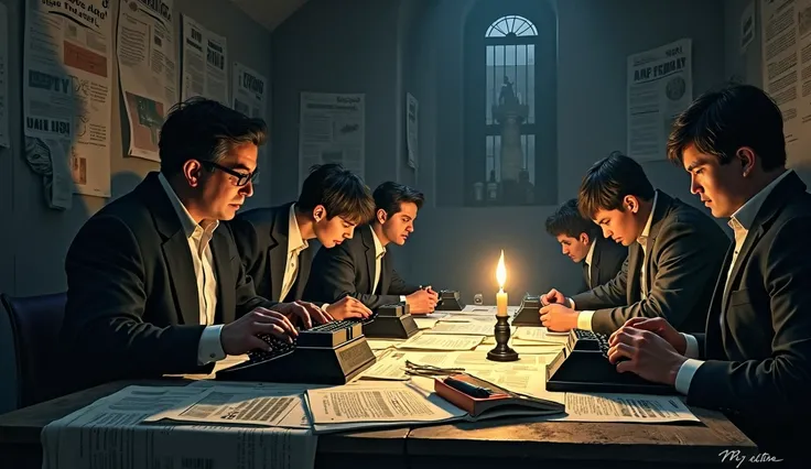 Underground journalists secretly working by candlelight, typing on typewriters, newspapers with bold “TRUTH” headlines