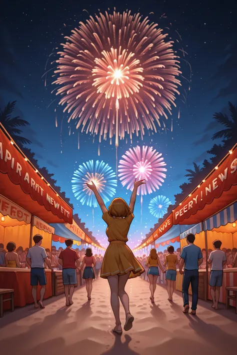April O'Neil conducting a live news report during a beach festival, vibrant crowd, festive decorations, fireworks in the sky, en...