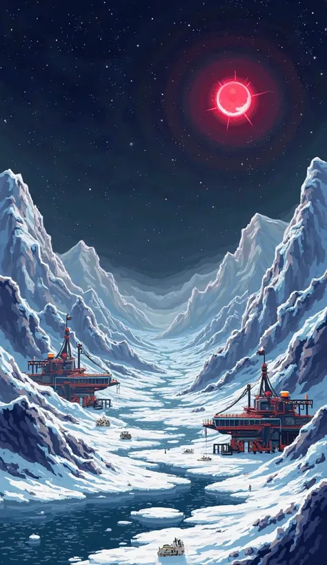 Pixel art, lots of details, ice surface, icy mountains, black sky with stars, in the sky there is a small bright red sun-star wi...