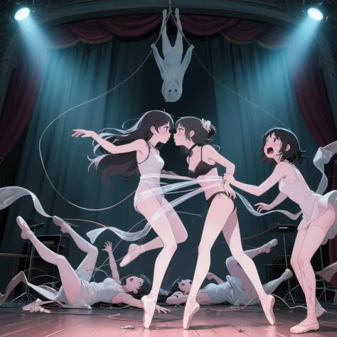 anime,four ghost girls floating above an old stage rehearse a haunted romantic opera scene, but get their wires crossed—literall...