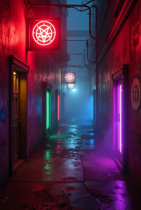 A dystopian urban alley at night, illuminated by neon signs in red and violet, five ancient and futuristic doors appear along th...