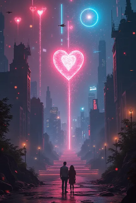 “A surreal, futuristic collage beyond 2030, mixing illusion (infinite stairs, impossible shapes), love (neon hearts, couples), f...