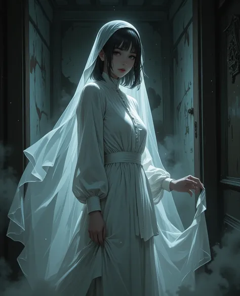 The girl in a ghost story . A light mystical haze envelops the girl's figure
