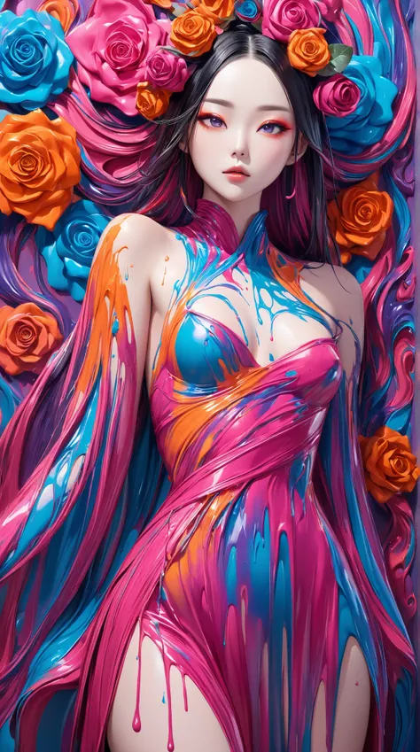 A hyper-realistic portrait of a stunning Asian woman 18-year-old, (((small breasts))), with fair, luminous skin and vivid multic...