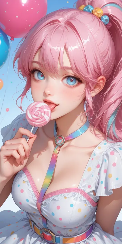 close-up, cotton-candy pink and blue eyes, high rainbow ponytail with balloon string ties, rainbow polka-dotted dress with glowi...