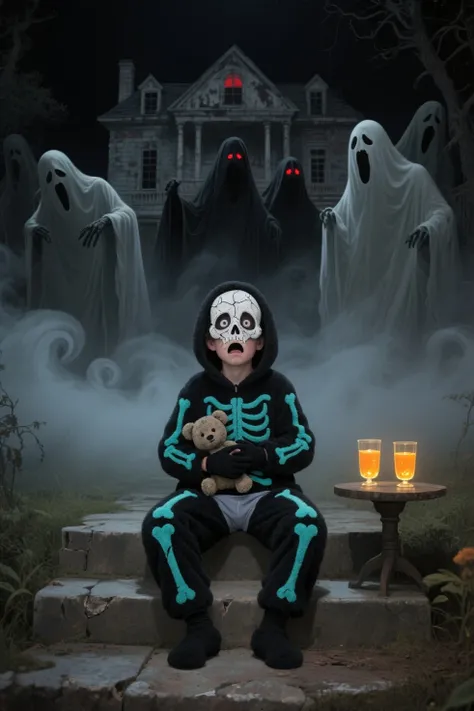 (masterpiece), (best quality), (dark illustration), a terrified boy sitting alone on the stone steps of a decrepit haunted house...