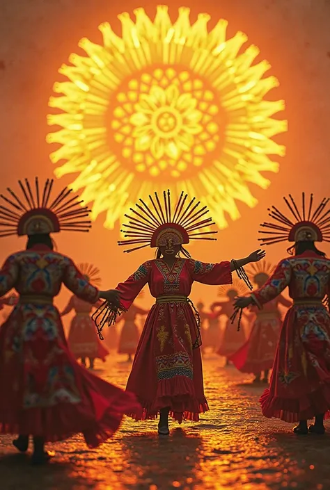 Make me a banner representing Inti Raymi with sun , dance , Suits