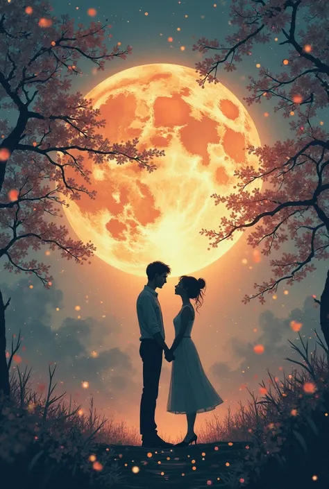Silhouetted couple holding hands beneath a giant glowing moon, surrounded by fireflies and cherry blossom petals floating throug...