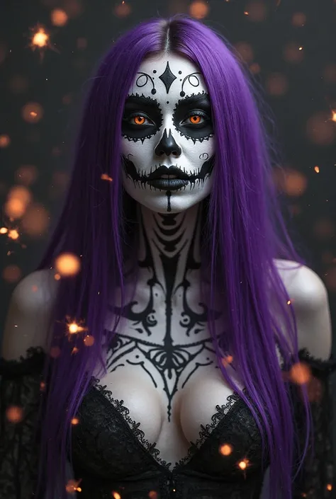 Woman with long purple hair, roten Pupillen, black and white Mexican La Caterina makeup, glowing sparks in the foreground, black...