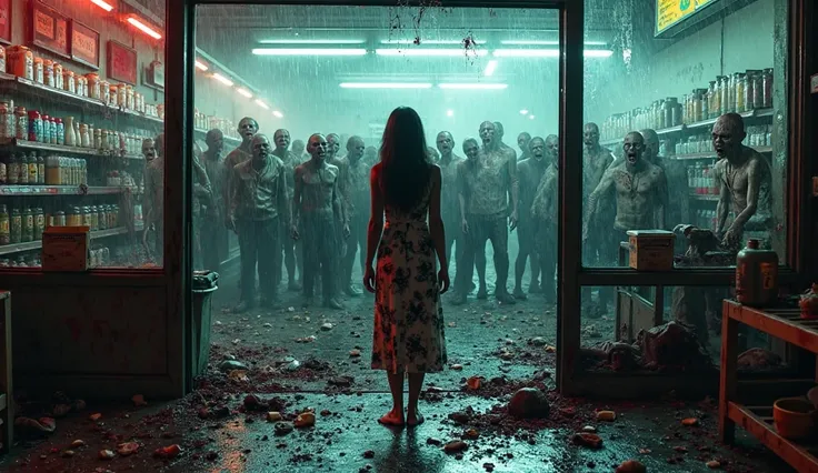 A barefoot woman in a floral dress stands alone inside a looted convenience store, facing a massive glass window smeared with bl...