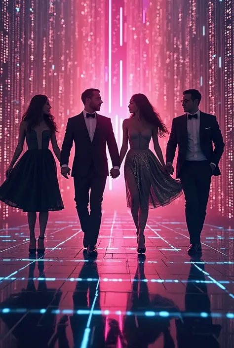 Make an invitation to a graduation party, use a matrix-style background and the silhouette of men and women in full dress dancin...