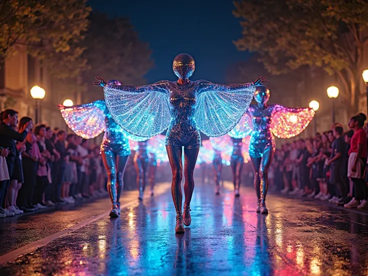 A dazzling night street parade led by three performers in full-length mirror disco ball costumes and glowing LED wings. They are...