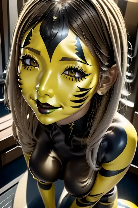 (Asymmetric colors:1.3), high res image, (full body image in underwear), 1 person elf, cute, (Full Body and Face Yellow Body Pai...