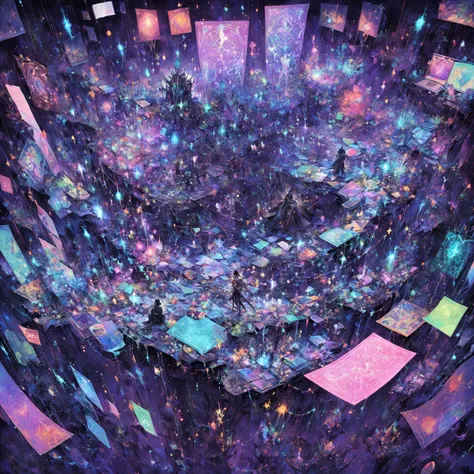 A young multiversal warrior sits at a floating table in the middle of the cosmic void, surrounded by screens of code, floating b...