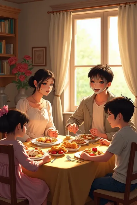 Elfa is a housewife with a black-haired human husband and 2 young children, girl and boy. The whole family in the dining room of...