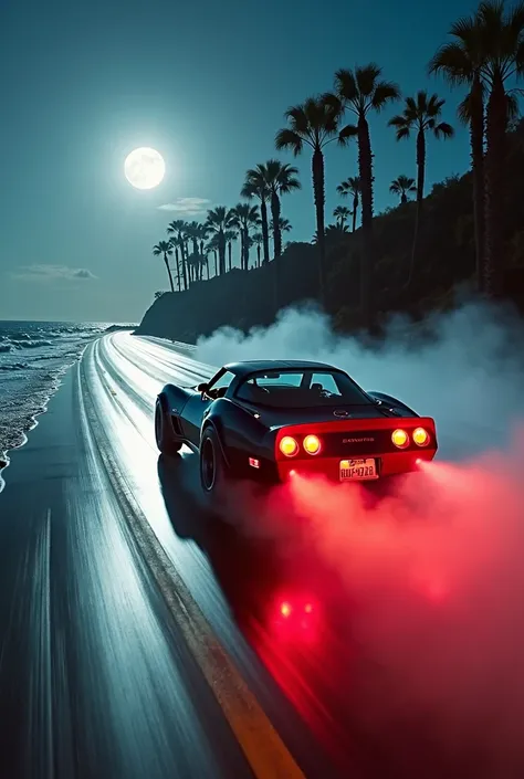 A classic Corvette C3 sports car driving fast on a wet coastal highway at night under a bright full moon, performing a drift wit...