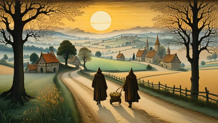 Prompt 13: "A pre-dawn village street with the protagonist and Turnip Basket Person sneaking away at sunrise, bundled in cloaks,...