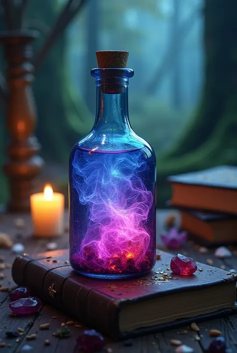 A highly detailed, fantasy-themed magical potion bottle on a rustic wooden table, glowing with swirling mist inside. The potion ...