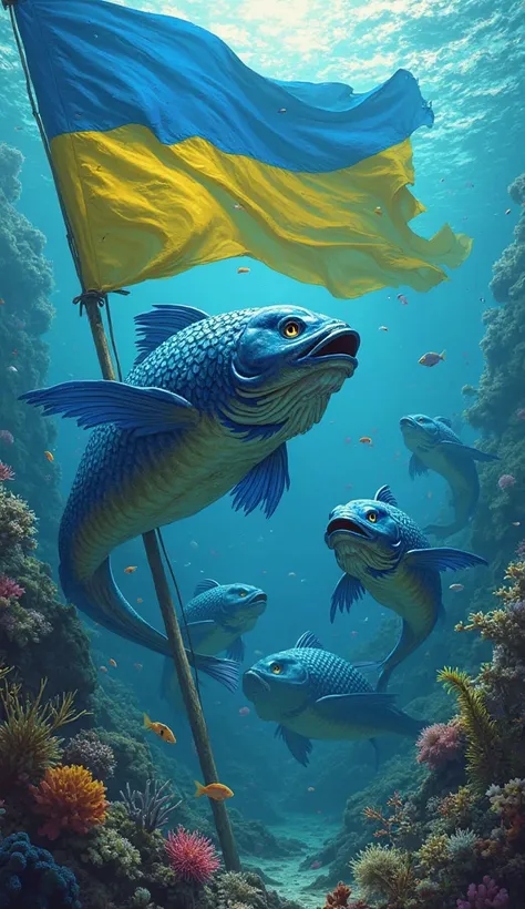 Epic blue-yellow colored fishes-warrior in under ukrainian flag, under water
