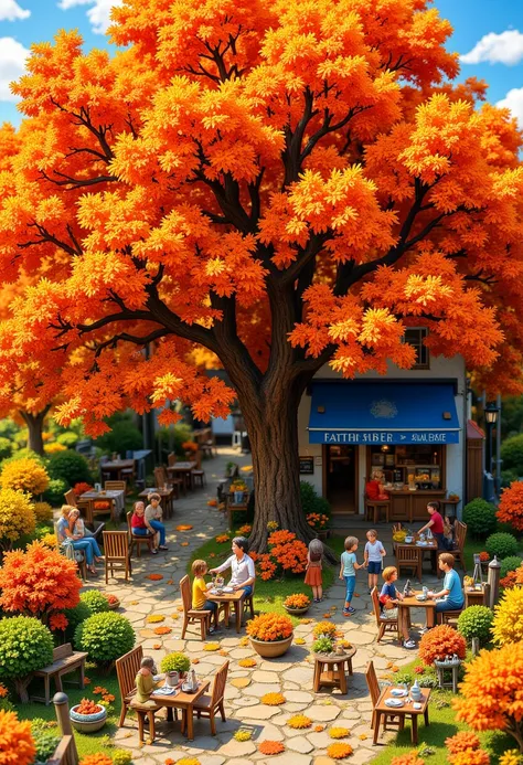 co parvdize, This is a vibrant, digitally created illustration depicting a charming outdoor café scene, set during autumn. The i...