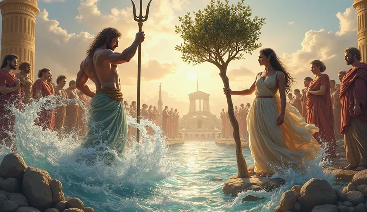 "Poseidon offering a saltwater spring to the people of Athens while Athena presents an olive tree, shown in side-by-side competi...