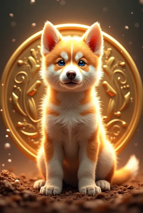 Golden husky puppy in coin launching on 1 July 2025 with date