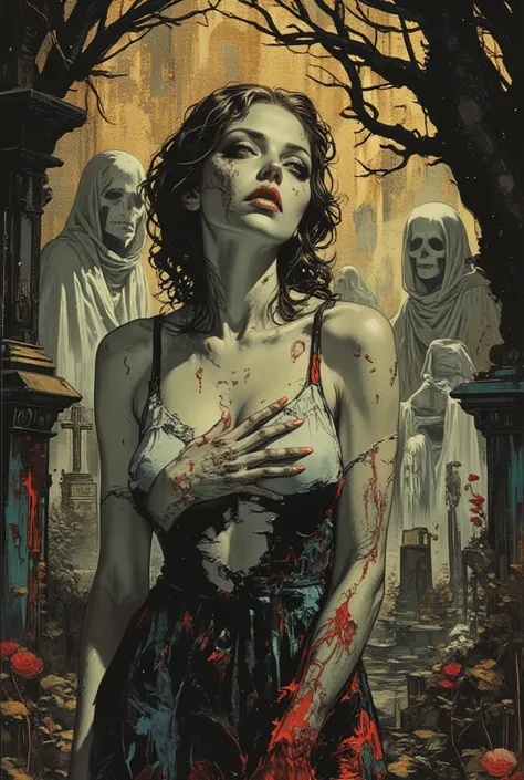 Oil Painting, Full Body Figure "Zombie in a Torn Tank Top, With a Ripped Hole, One Hand Covering Her Chest, Sexy Zombie, Sexy An...