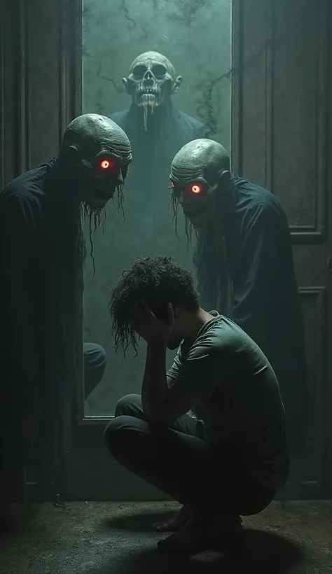 A person sitting alone in a dark room, clutching their head in agony, with wide, terrified eyes. Emerging from the shadows behin...