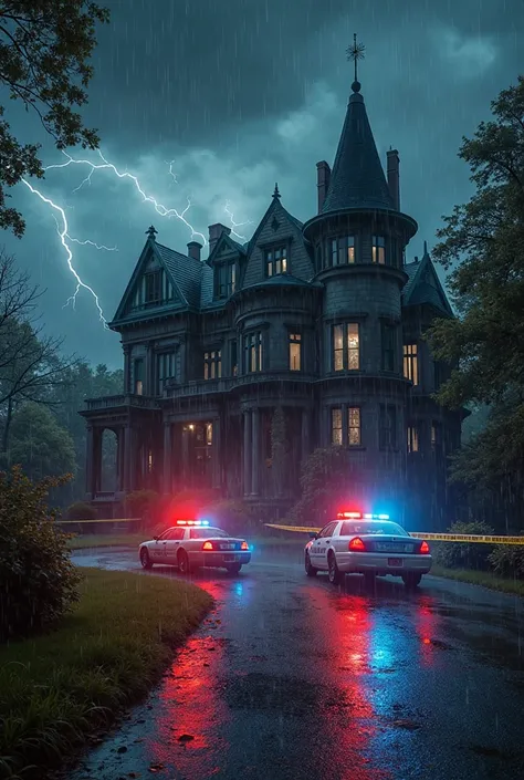 "A large, old Victorian mansion surrounded by rain-soaked gardens at night. Heavy rain falls under a dark cloudy sky with occasi...