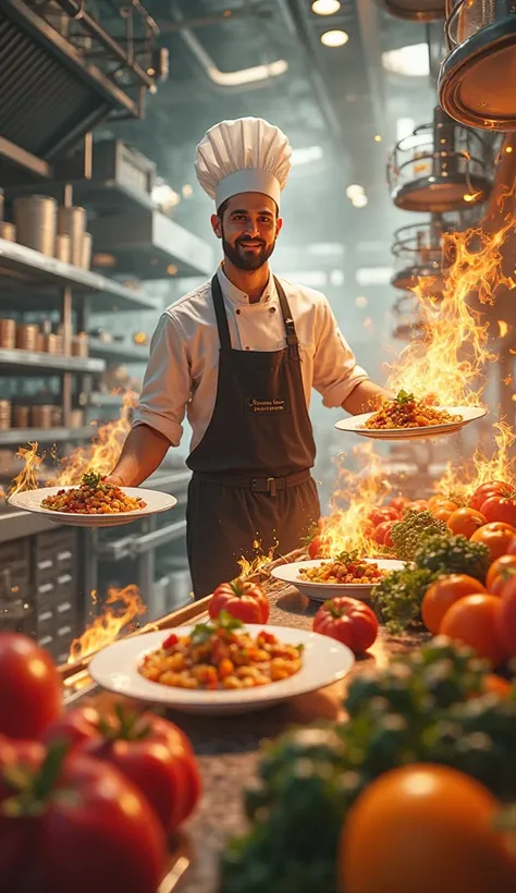 The chef walks carrying dishes in the kitchen as fresh fruit vegetables swirl around the dining table.
