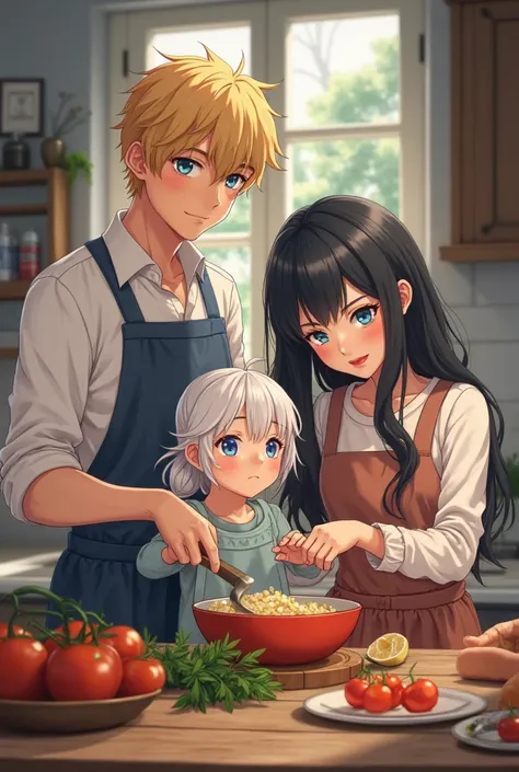 Family of three, a 27 year old blond man, blue eyes, 1.80 meters tall, slim, next to a 27 year old woman with long black hair an...