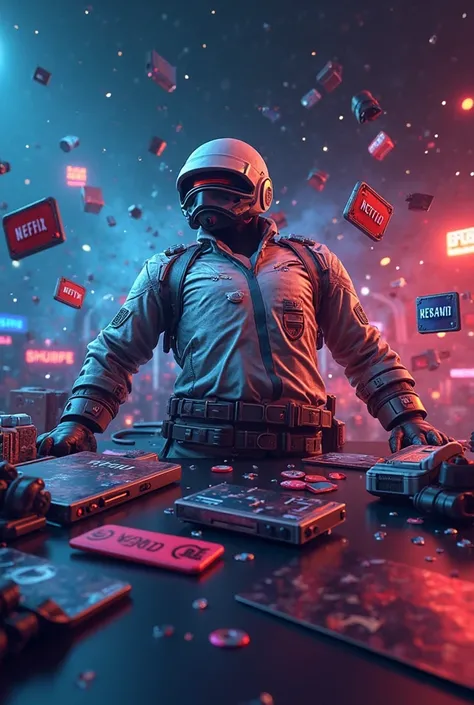 Create a professional Facebook cover called Digital Store with game cards such as PUBG, Tik Tok points, Netflix subscription c...