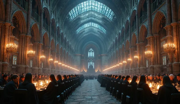 Generate the grand dining room from the movie Harry Potter the night of the selection of the selecting hat. realistic style