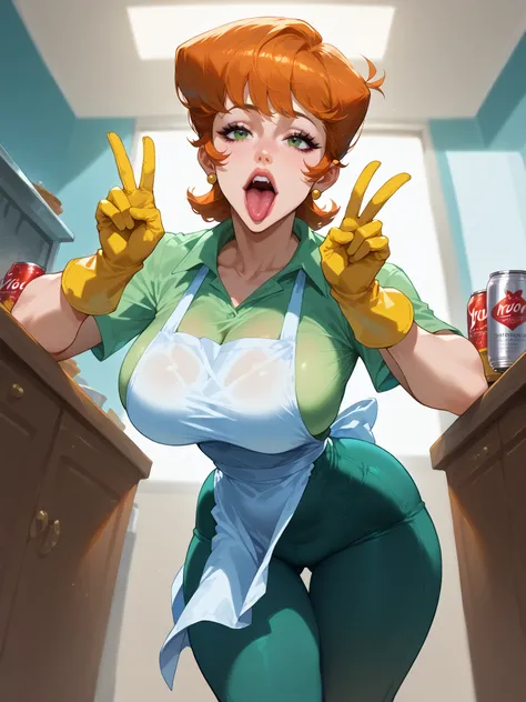 dextersmom,makeup, earrings,gloves, shirt, apron, pants,thick ass, mass thigh, fat juicy ass, massive boobs, Looking up, upward ...