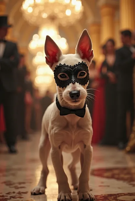 A white fox terrier appeared at the masquerade ball wearing a black mask that only partially covered its eyes.