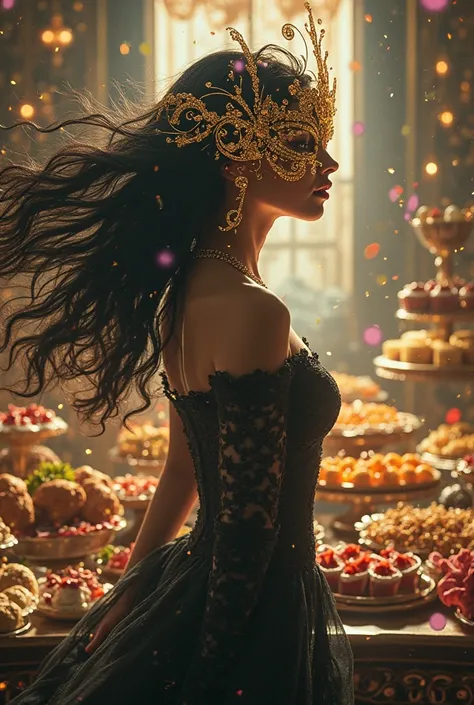 black hair, 1girl, with a mask, dancing, buffet behind, waves of light coming out of the mask, Surrealism, 8k, super detail