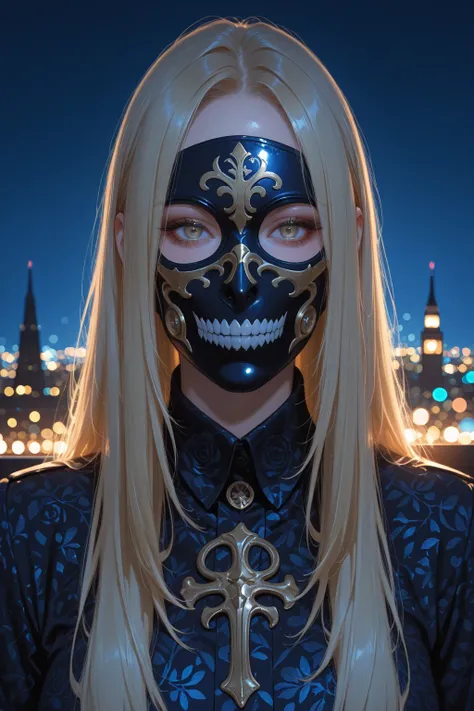 Cover your eyes with a mask、Masked、touching the mask with one hand、mask is black and gold pattern、Blonde、person has a slightly o...