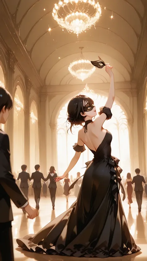 anime style, alluring solo mother, (wearing an elaborate masquerade mask:1.3), (elegant evening gown:1.2), (dancing in a grand b...