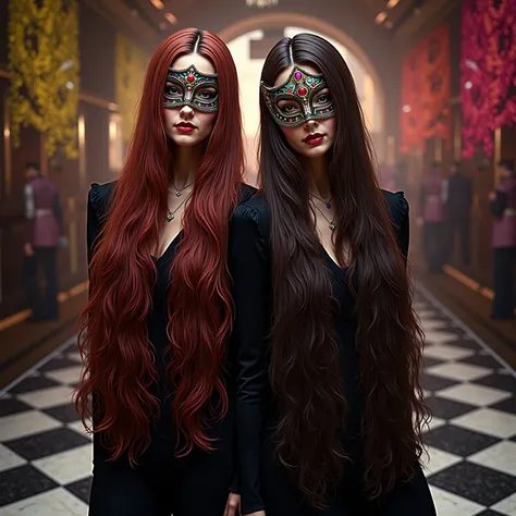Two charming women with long hair, They wear mysterious masks, a colorful Venetian festival, a decorated hall with black and whi...