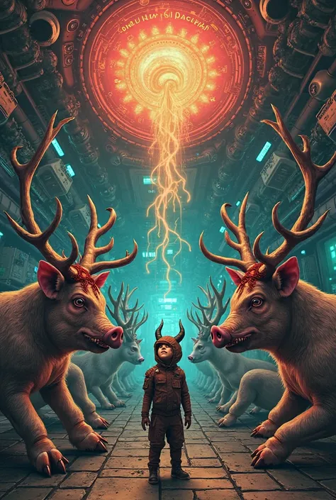 Draw a picture inside an alien spaceship in the setting of a macabre and disturbed demonic ritual involving humans with animal h...