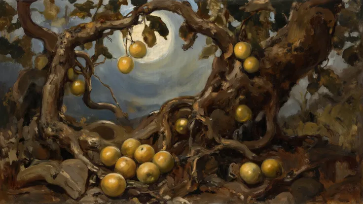 dramatic chiaroscuro oil painting, scattered fallen fruits at the base of an ancient vine, untouched golden fruit hanging just o...