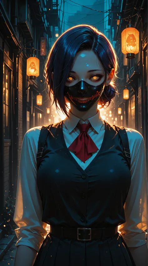 masterpiece, high contrast,  Kirishima Touka  (anime is Tokyo Ghoul), in a school uniform with a "Rabbit", misty alley at night,...